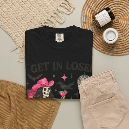 Get In Loser Skeleton Tee — Retro Gothic Witch Coffin Halloween T‑Shirt