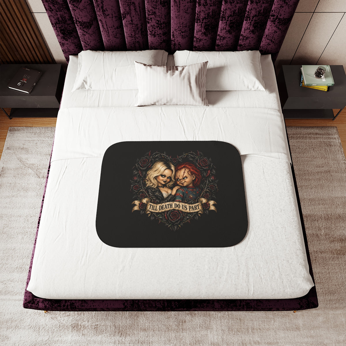 Sherpa Blanket - 'Till Death Do Us Part' Gothic Couple Rose Design, Cozy Throw for Couples & Horror Fans