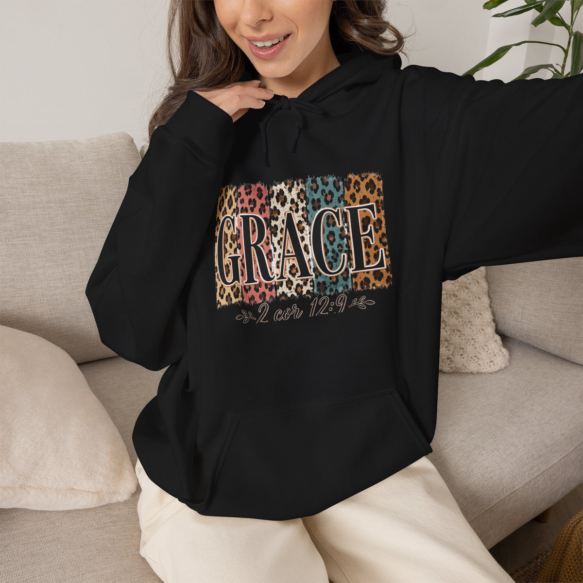 Grace Leopard Hoodie - 2 Cor 12:9 Christian Faith Sweatshirt