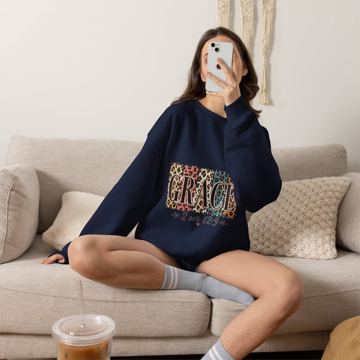 Grace Leopard Block Crewneck Sweatshirt – Inspirational Christian Scripture Design (2 Cor 12:9)