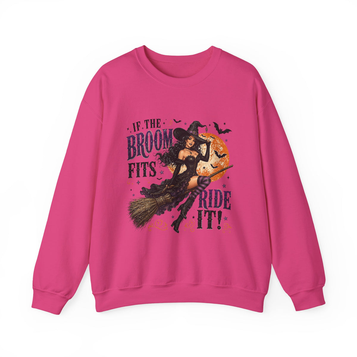Witchy Halloween Crewneck Sweatshirt — 'If the Broom Fits Ride It' Vintage Pin-Up Design