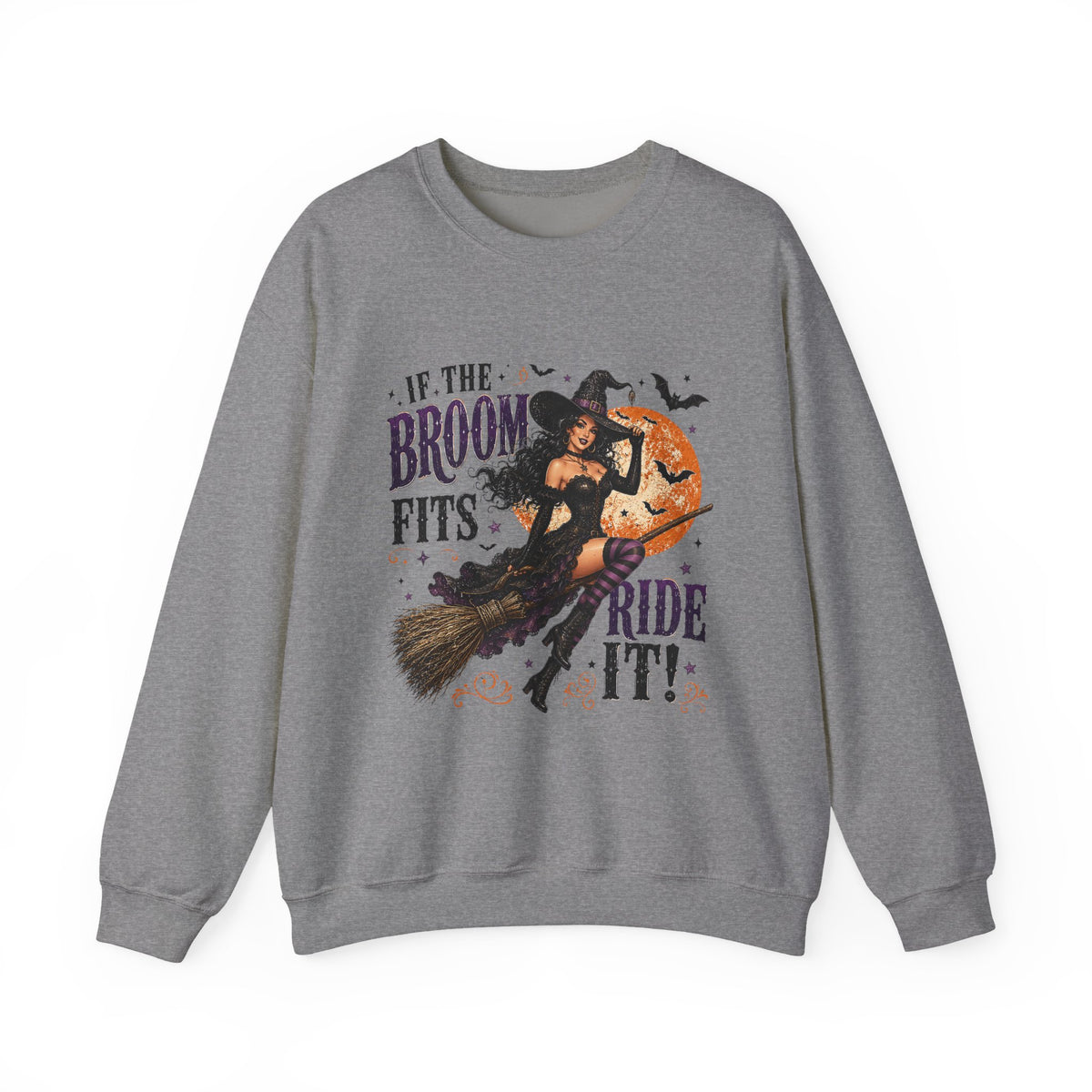 Witchy Halloween Crewneck Sweatshirt — 'If the Broom Fits Ride It' Vintage Pin-Up Design