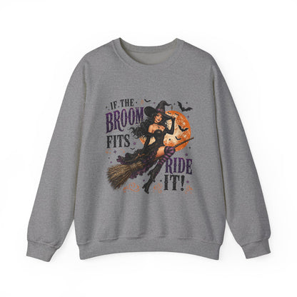 Witchy Halloween Crewneck Sweatshirt — 'If the Broom Fits Ride It' Vintage Pin-Up Design