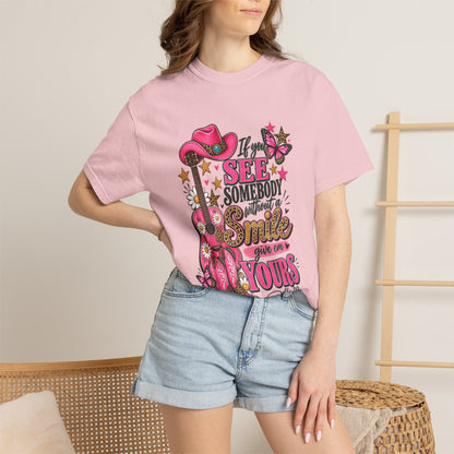 Dolly Cowgirl Guitar T‑Shirt — "If I See Somebody Smile You’re Yours" Graphic Tee
