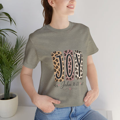 Joy Leopard Christian Tee — "JOY" with John 16:22 Scripture