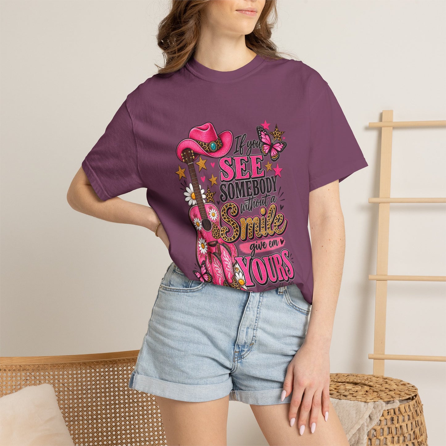 Dolly Cowgirl Guitar T‑Shirt — "If I See Somebody Smile You’re Yours" Graphic Tee