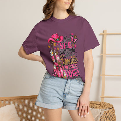 Dolly Cowgirl Guitar T‑Shirt — "If I See Somebody Smile You’re Yours" Graphic Tee