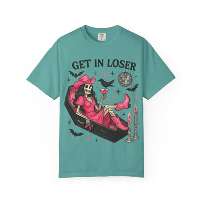 Get In Loser Skeleton Tee — Retro Gothic Witch Coffin Halloween T‑Shirt
