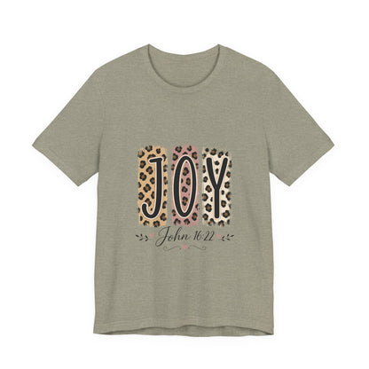 Joy Leopard Christian Tee — "JOY" with John 16:22 Scripture