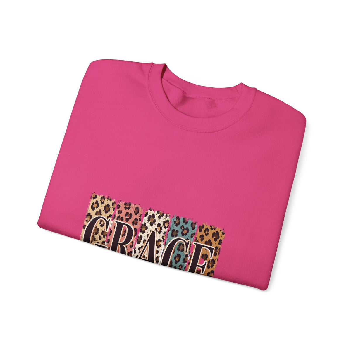 Grace Leopard Block Crewneck Sweatshirt – Inspirational Christian Scripture Design (2 Cor 12:9)