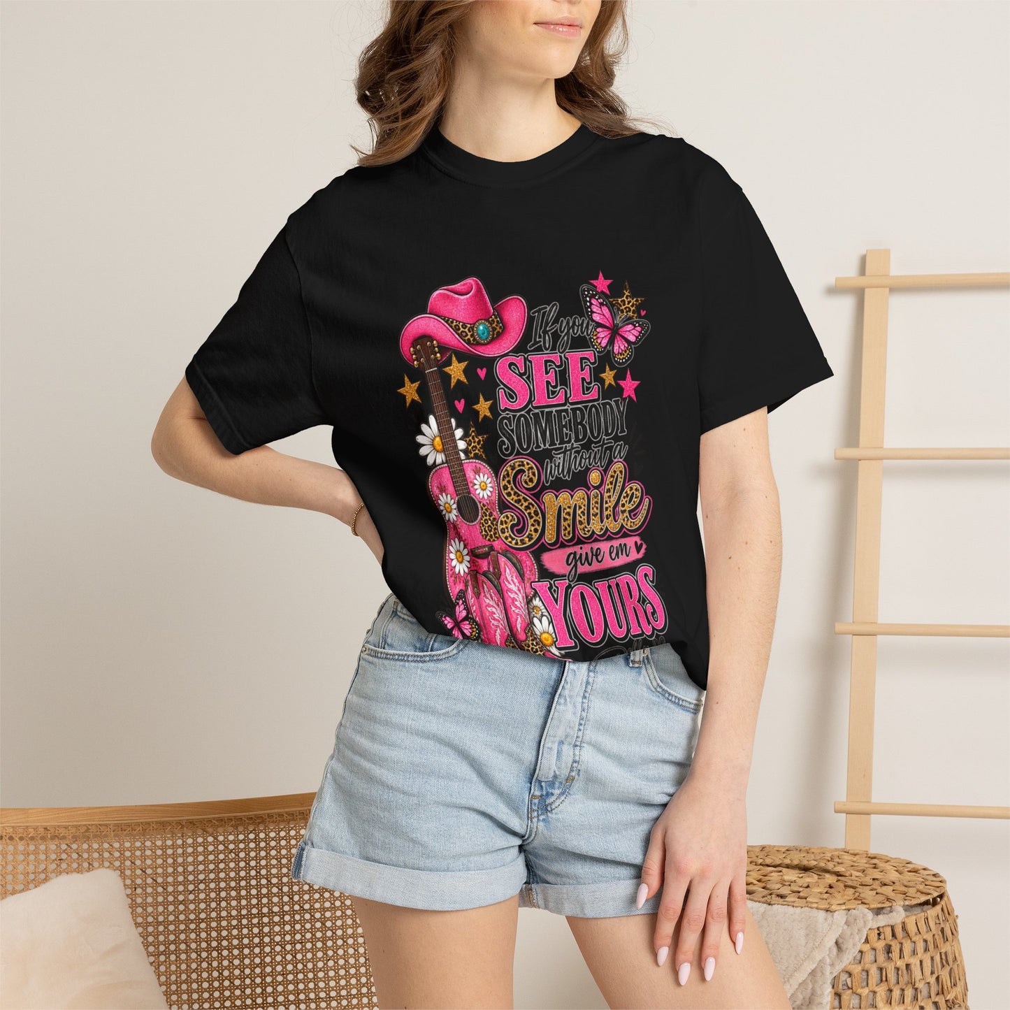 Dolly Cowgirl Guitar T‑Shirt — "If I See Somebody Smile You’re Yours" Graphic Tee
