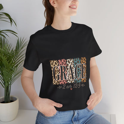 Grace Leopard Print Tee — Christian Scripture 2 Cor 12:9 T-Shirt