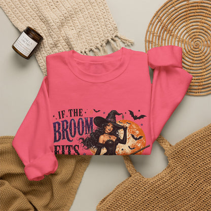 Witchy Halloween Crewneck Sweatshirt — 'If the Broom Fits Ride It' Vintage Pin-Up Design