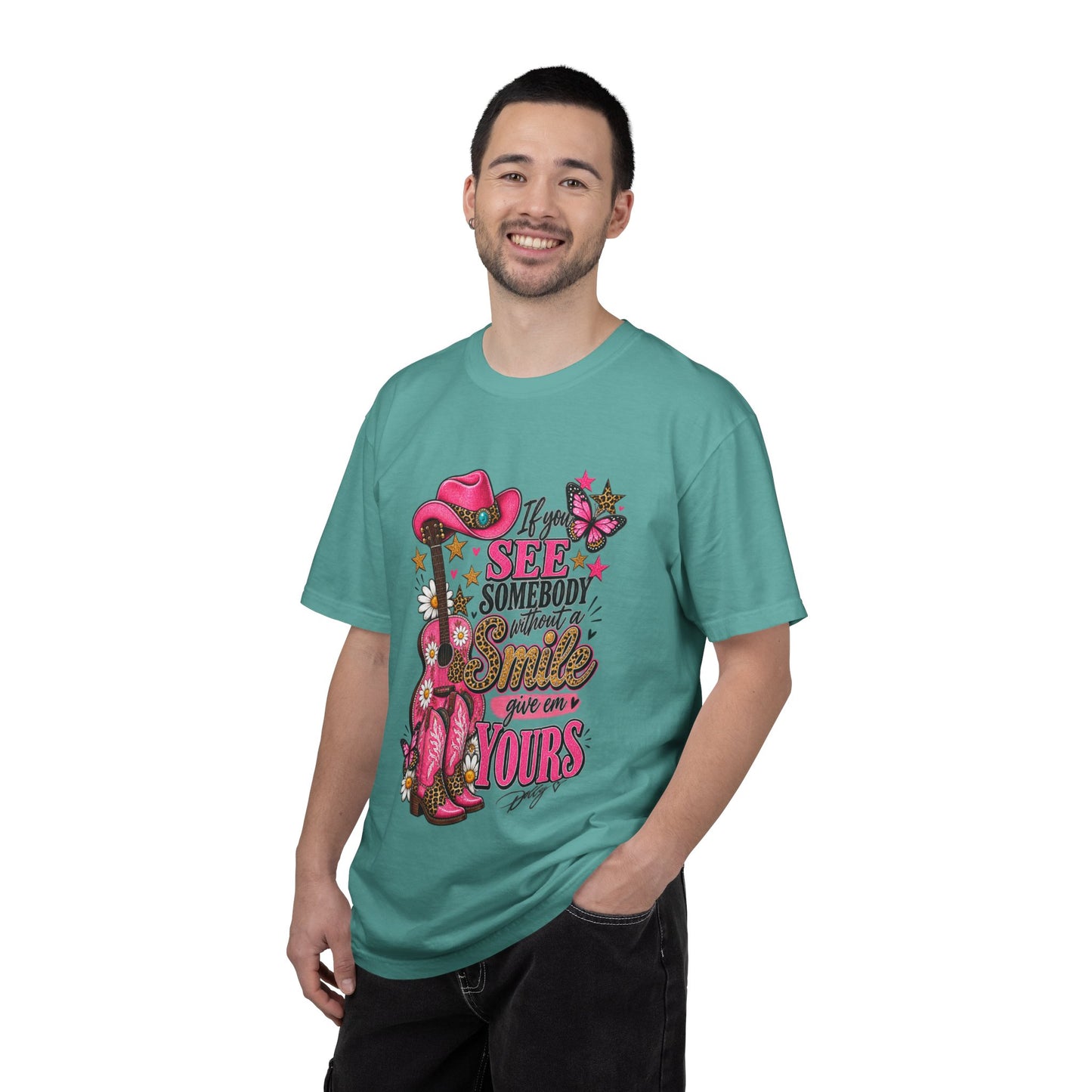 Dolly Cowgirl Guitar T‑Shirt — "If I See Somebody Smile You’re Yours" Graphic Tee