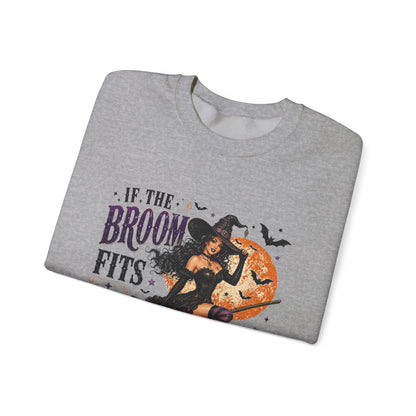 Witch on Broom Halloween Sweatshirt — “If the Broom Fits, Ride It!”