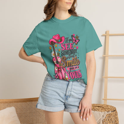 Dolly Cowgirl Guitar T‑Shirt — "If I See Somebody Smile You’re Yours" Graphic Tee