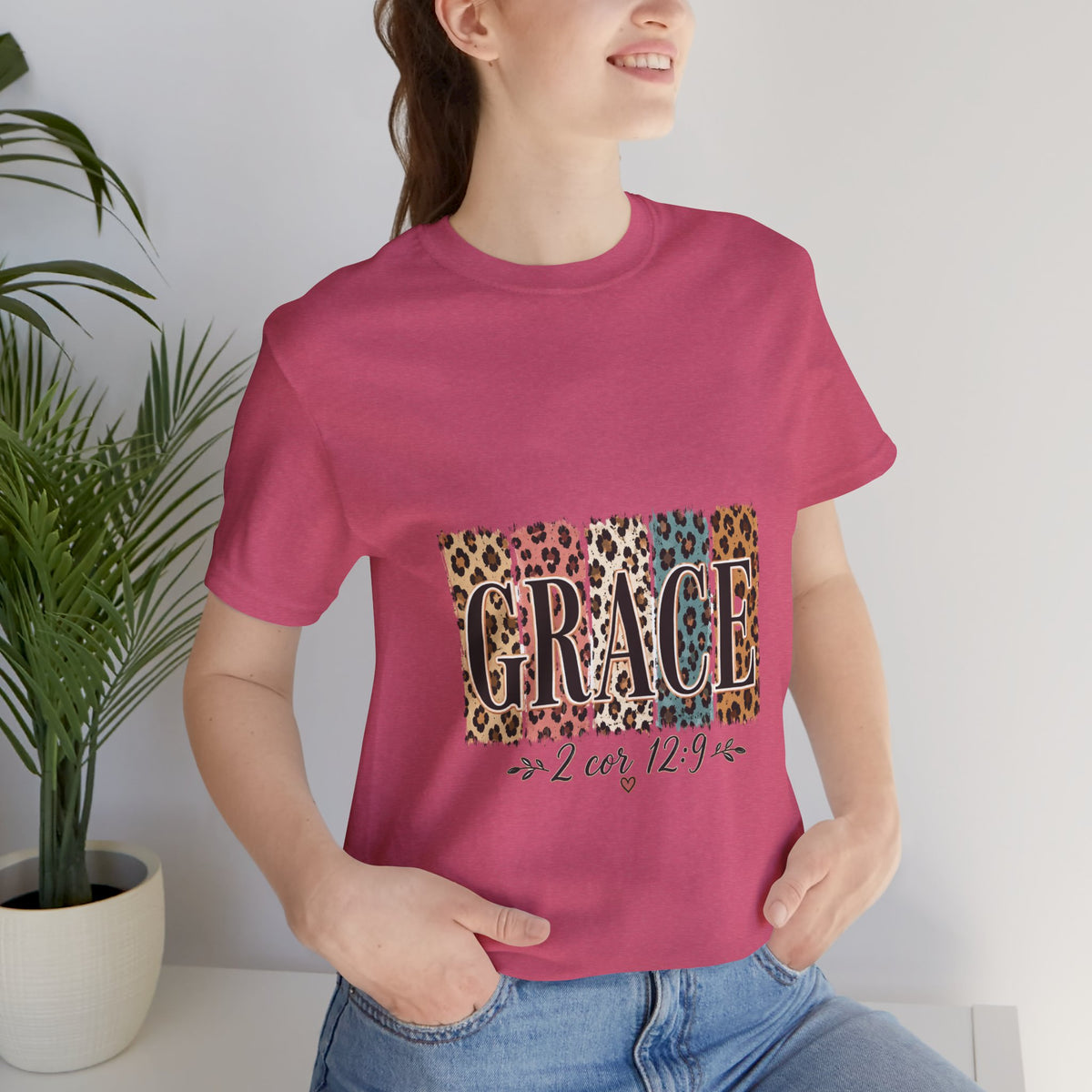 Grace Leopard Print Tee — Christian Scripture 2 Cor 12:9 T-Shirt