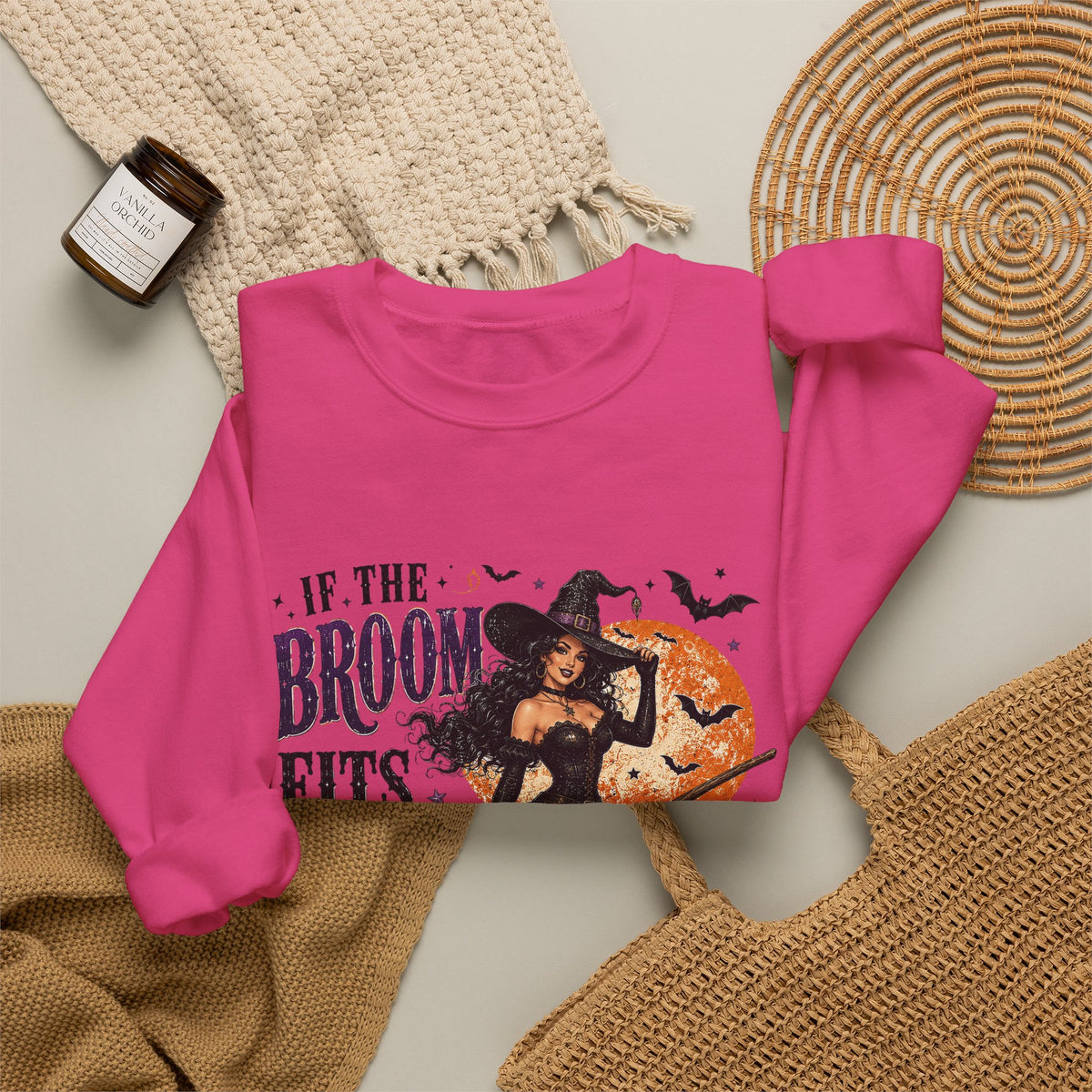 Witchy Halloween Crewneck Sweatshirt — 'If the Broom Fits Ride It' Vintage Pin-Up Design