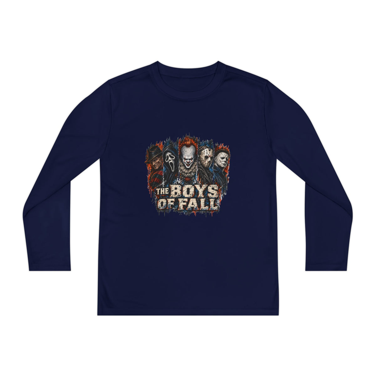 Youth Long Sleeve Tee — "The Boys of Fall" Horror Mask Graphic