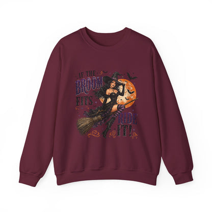 Witchy Halloween Crewneck Sweatshirt — 'If the Broom Fits Ride It' Vintage Pin-Up Design