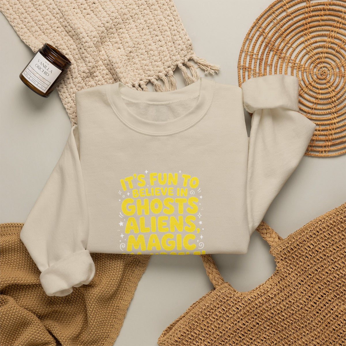 Crewneck Sweatshirt — "It's Fun to Believe in Ghosts, Aliens, Magic & Yourself" Cute Daisy & Ghost Graphic