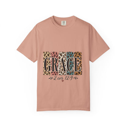 Grace Leopard Block T-Shirt — 2 Cor. 12:9 Christian Graphic Tee