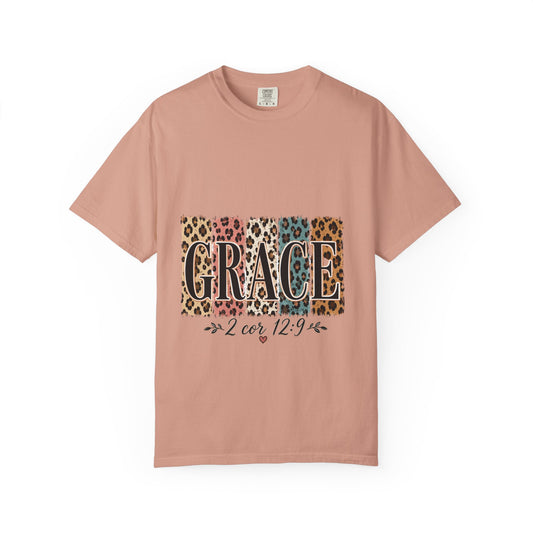 Grace Leopard Block T-Shirt — 2 Cor. 12:9 Christian Graphic Tee