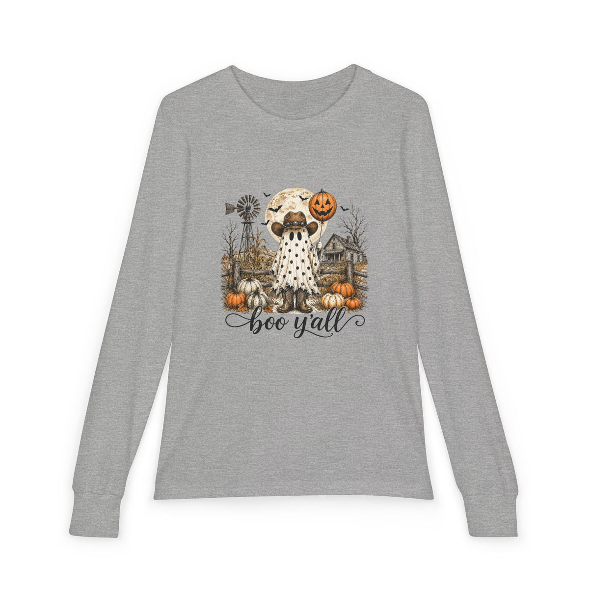 Youth Long Sleeve Tee — Halloween Boo Y'all Ghost Dog Pumpkin Design