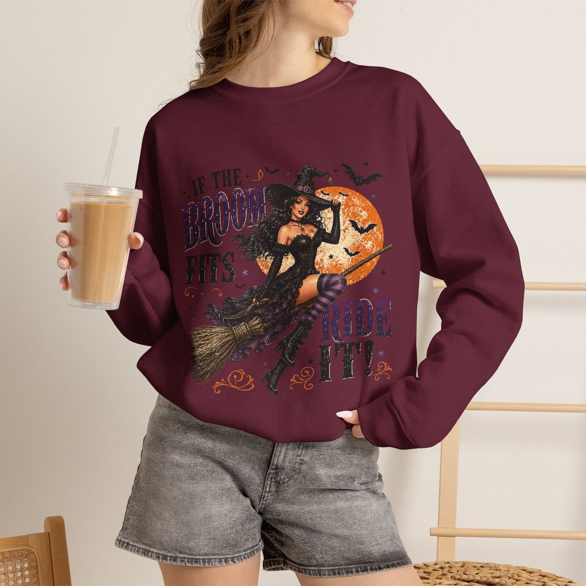 Witchy Halloween Crewneck Sweatshirt — 'If the Broom Fits Ride It' Vintage Pin-Up Design