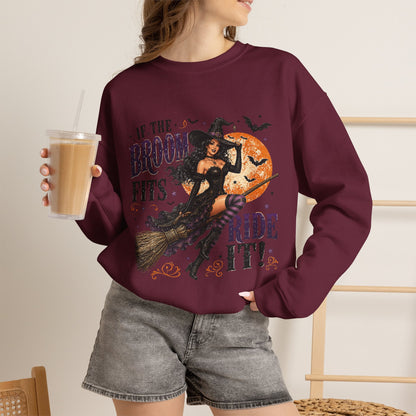 Witchy Halloween Crewneck Sweatshirt — 'If the Broom Fits Ride It' Vintage Pin-Up Design