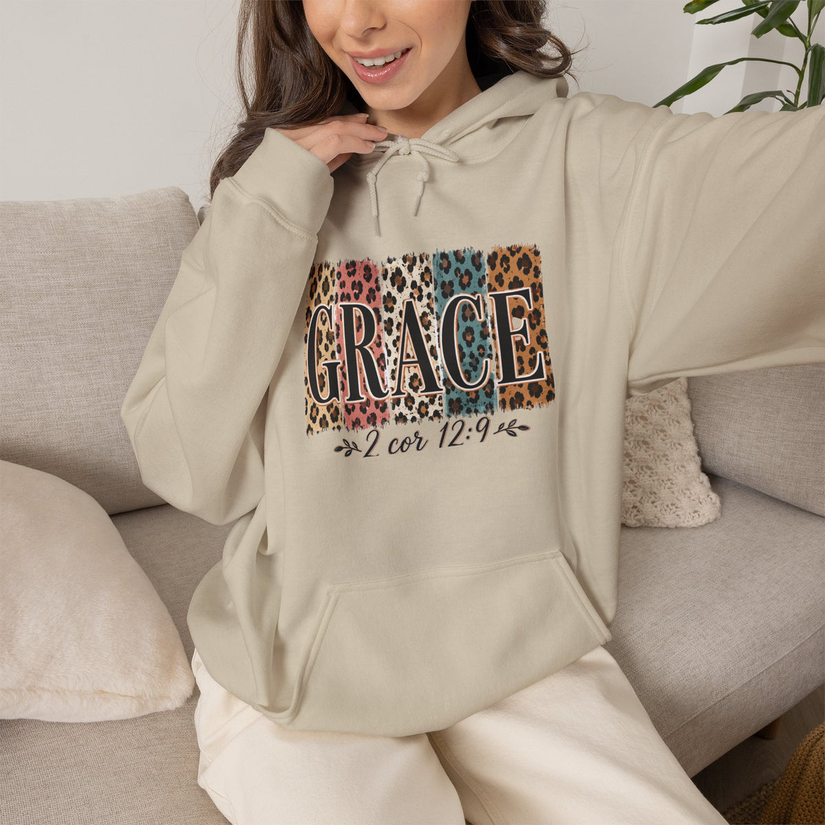 Grace Leopard Hoodie - 2 Cor 12:9 Christian Faith Sweatshirt