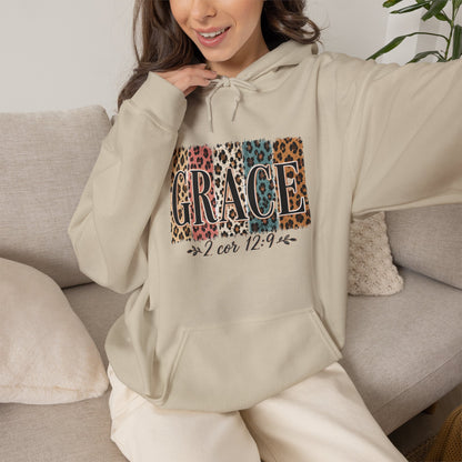 Grace Leopard Hoodie - 2 Cor 12:9 Christian Faith Sweatshirt