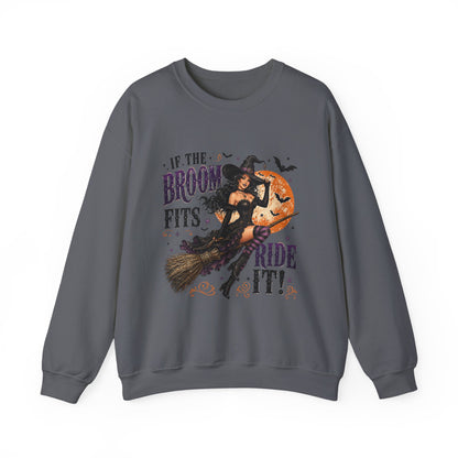 Witchy Halloween Crewneck Sweatshirt — 'If the Broom Fits Ride It' Vintage Pin-Up Design