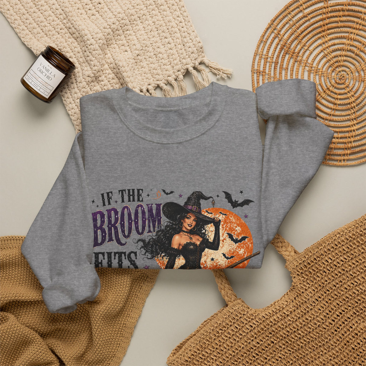 Witchy Halloween Crewneck Sweatshirt — 'If the Broom Fits Ride It' Vintage Pin-Up Design