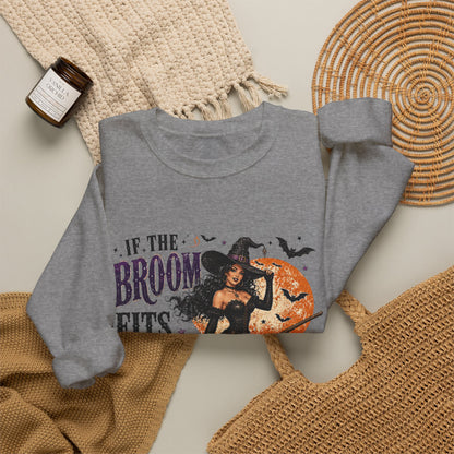 Witchy Halloween Crewneck Sweatshirt — 'If the Broom Fits Ride It' Vintage Pin-Up Design