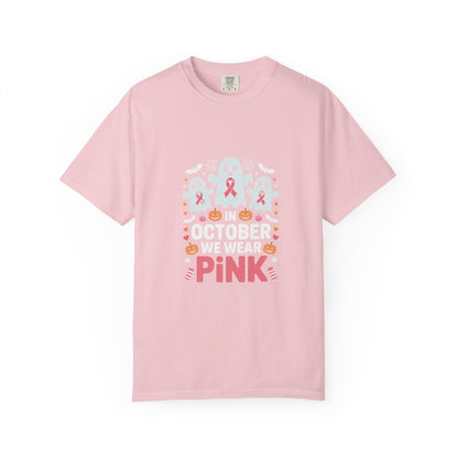 Breast Cancer Halloween Ghost T-Shirt — "In October We Wear Pink"