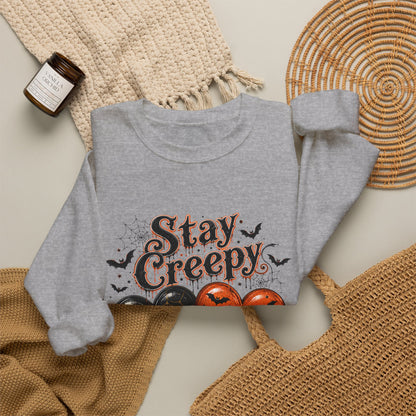 Stay Creepy Sweatshirt — Halloween Heart & Bats Cozy Crewneck