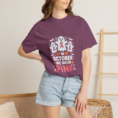 Breast Cancer Halloween Ghost T-Shirt — "In October We Wear Pink"