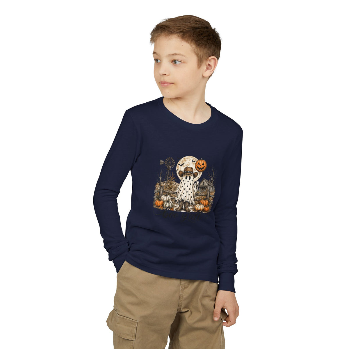 Youth Long Sleeve Tee — Halloween Boo Y'all Ghost Dog Pumpkin Design