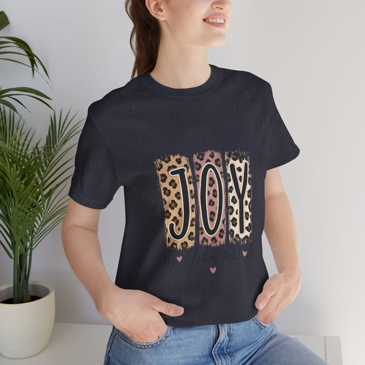 Joy Leopard Christian Tee — "JOY" with John 16:22 Scripture