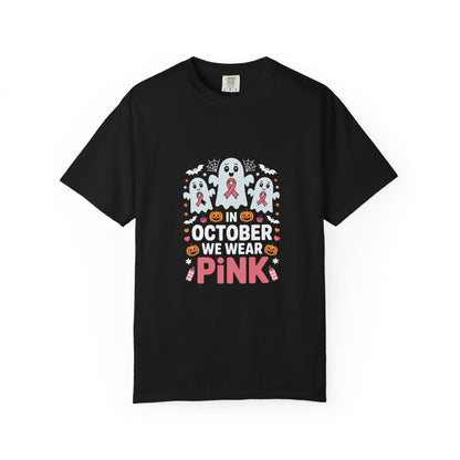 Breast Cancer Halloween Ghost T-Shirt — "In October We Wear Pink"
