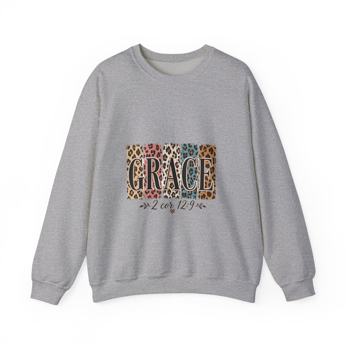 Grace Leopard Block Crewneck Sweatshirt – Inspirational Christian Scripture Design (2 Cor 12:9)