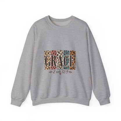 Grace Leopard Block Crewneck Sweatshirt – Inspirational Christian Scripture Design (2 Cor 12:9)