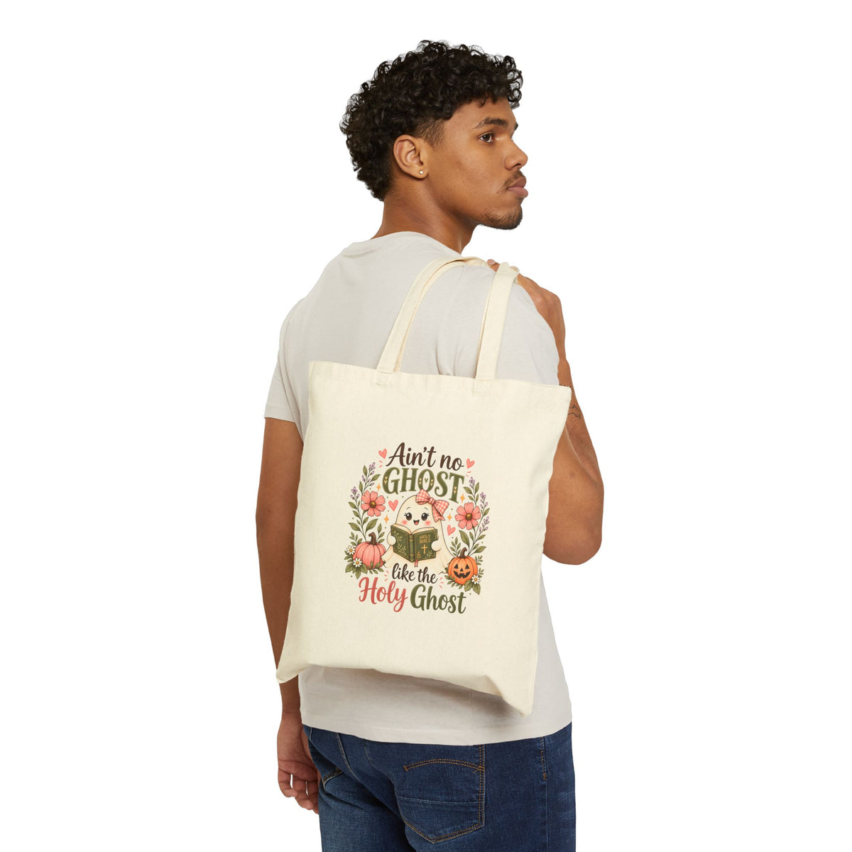 Ain't No Ghost Like the Holy Ghost Cotton Tote Bag — Cute Floral Pumpkin Bible Verse Tote