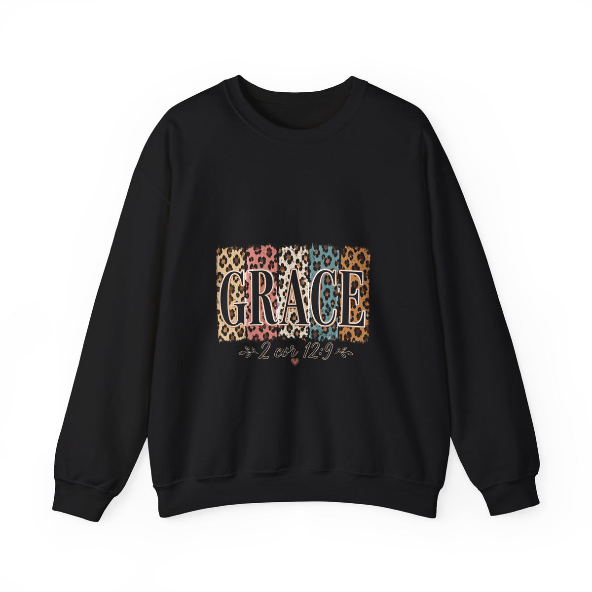 Grace Leopard Block Crewneck Sweatshirt – Inspirational Christian Scripture Design (2 Cor 12:9)