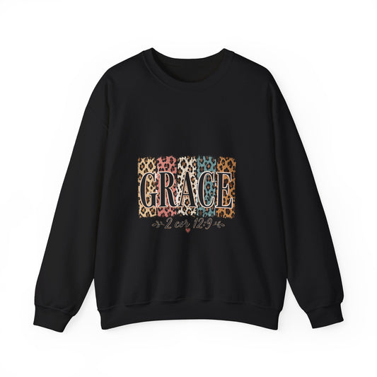 Grace Leopard Block Crewneck Sweatshirt – Inspirational Christian Scripture Design (2 Cor 12:9)