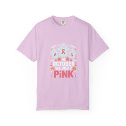 Breast Cancer Halloween Ghost T-Shirt — "In October We Wear Pink"