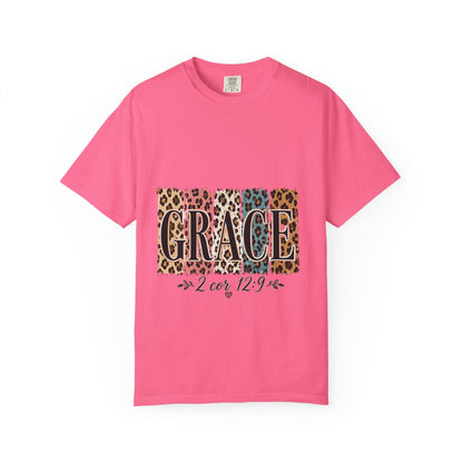 Grace Leopard Block T-Shirt — 2 Cor. 12:9 Christian Graphic Tee