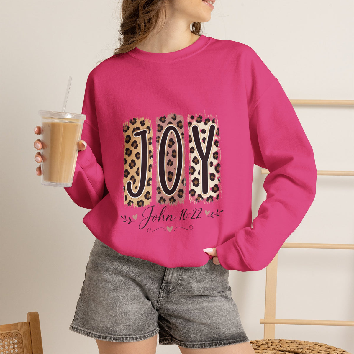 Joy Leopard Print Sweatshirt — John 1:14 Scripture Holiday Crewneck