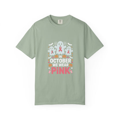 Breast Cancer Halloween Ghost T-Shirt — "In October We Wear Pink"